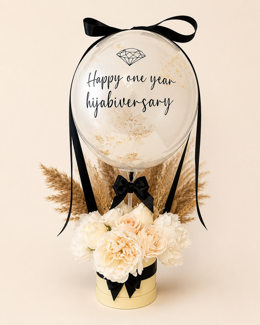 Personalised Bubble Balloon with Faux Flower & Pampas Hat Box Gift